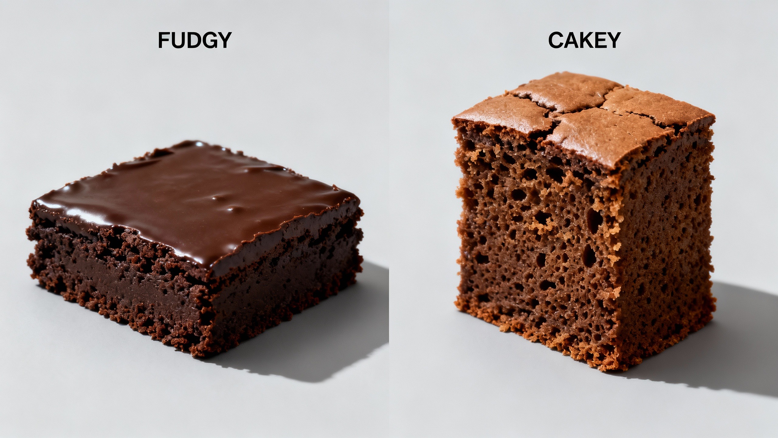 Comparativo visual lado a lado de um brownie fudgy denso e um brownie cakey aerado, mostrando o resultado da textura na receita de brownie