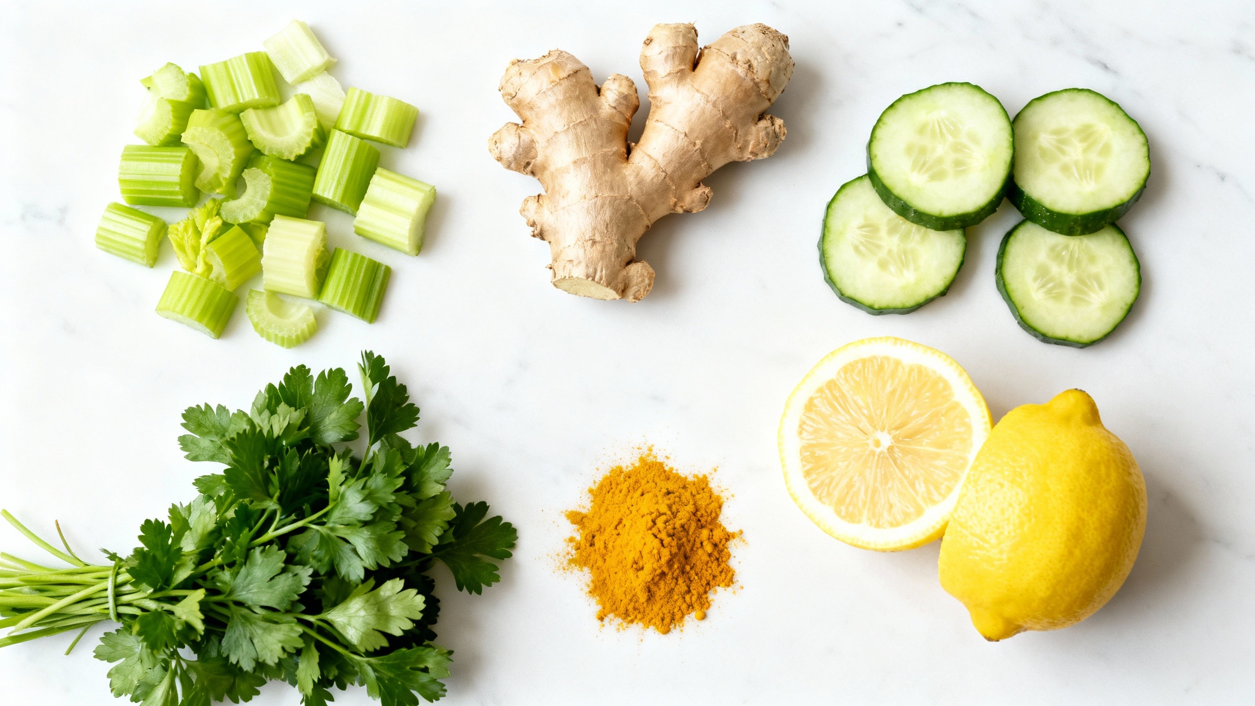 Ingredientes para desinchar organizados em mármore: aipo, gengibre, cúrcuma, limão e abobrinha, ilustrando a base de uma receita de sopa anti-inchaço