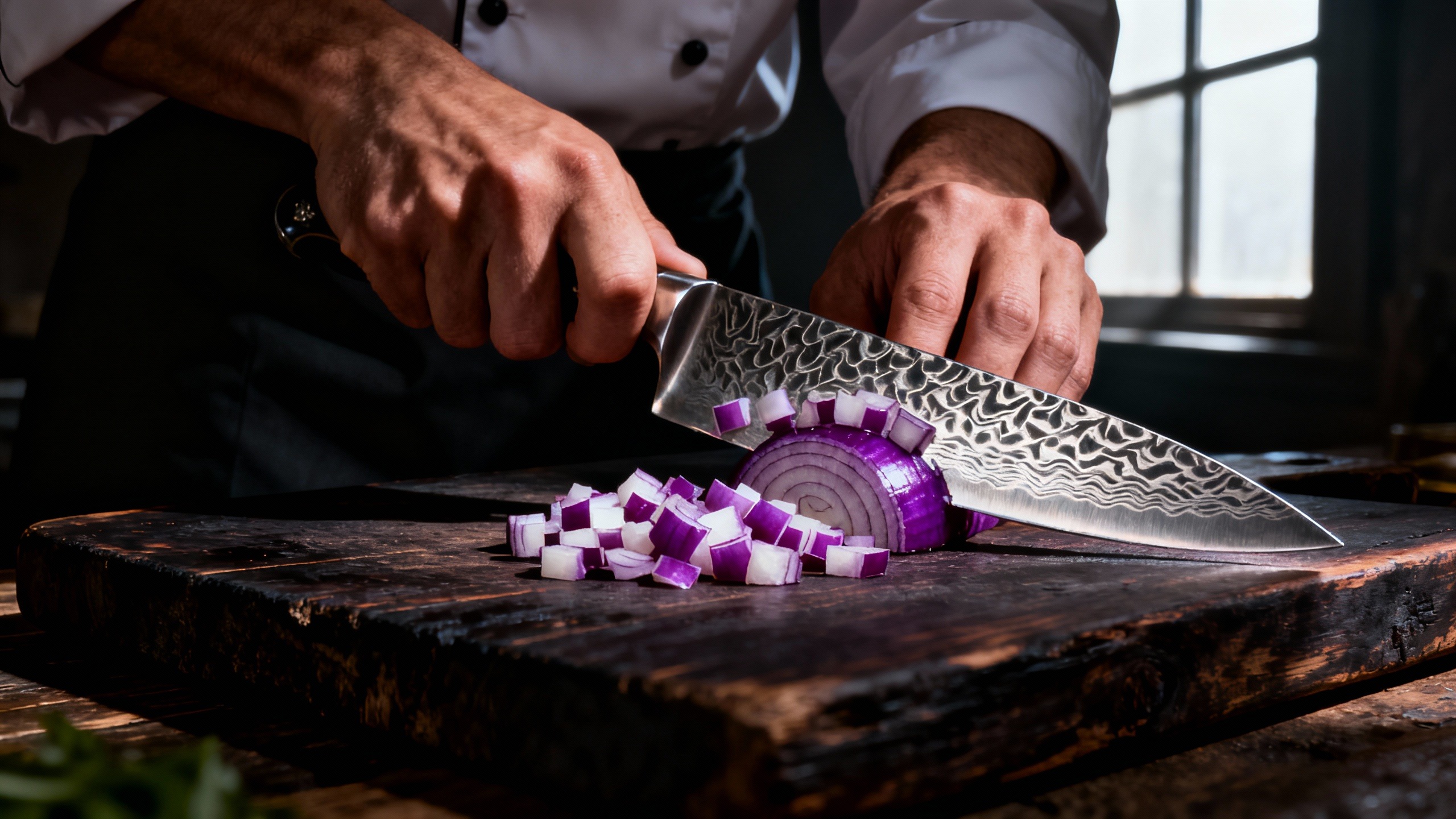 Mãos de chef em close-up cortando cebola perfeitamente em uma tábua de madeira, sem lágrimas, mostrando o jeito certo de cortar cebola sem arder os olhos