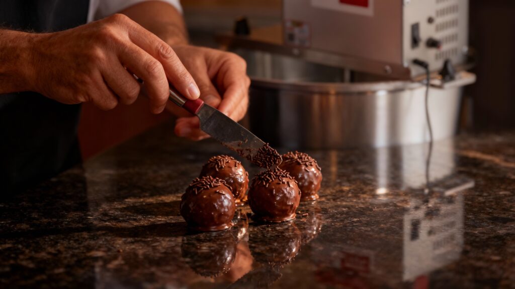 Close-up de brigadeiros gourmet sendo finalizados com perfeição, ilustrando o resultado profissional quando se decide que a panela mexedora vale a pena.