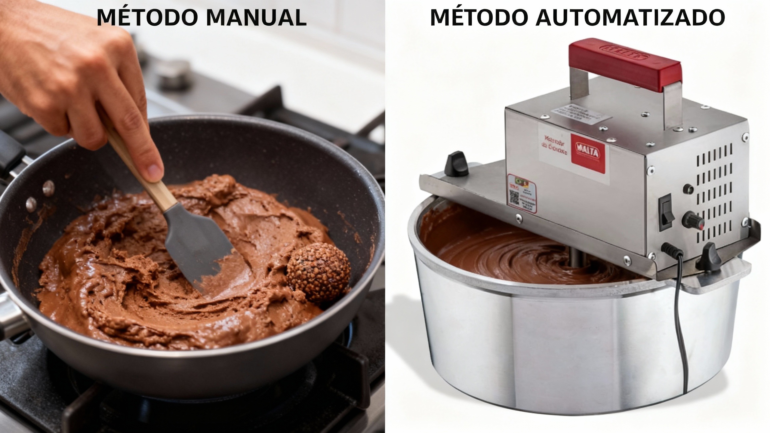 Comparação lado a lado: panela mexedora vs panela de fundo grosso, ilustrando a superioridade na consistência e automação para fazer brigadeiros.