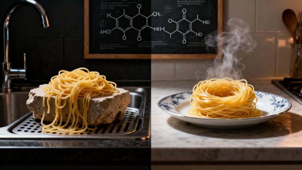 Contraste entre espaguete grudado e perfeito, explicando visualmente por que meu macarrão fica grudento depois de escorrer e a solução.