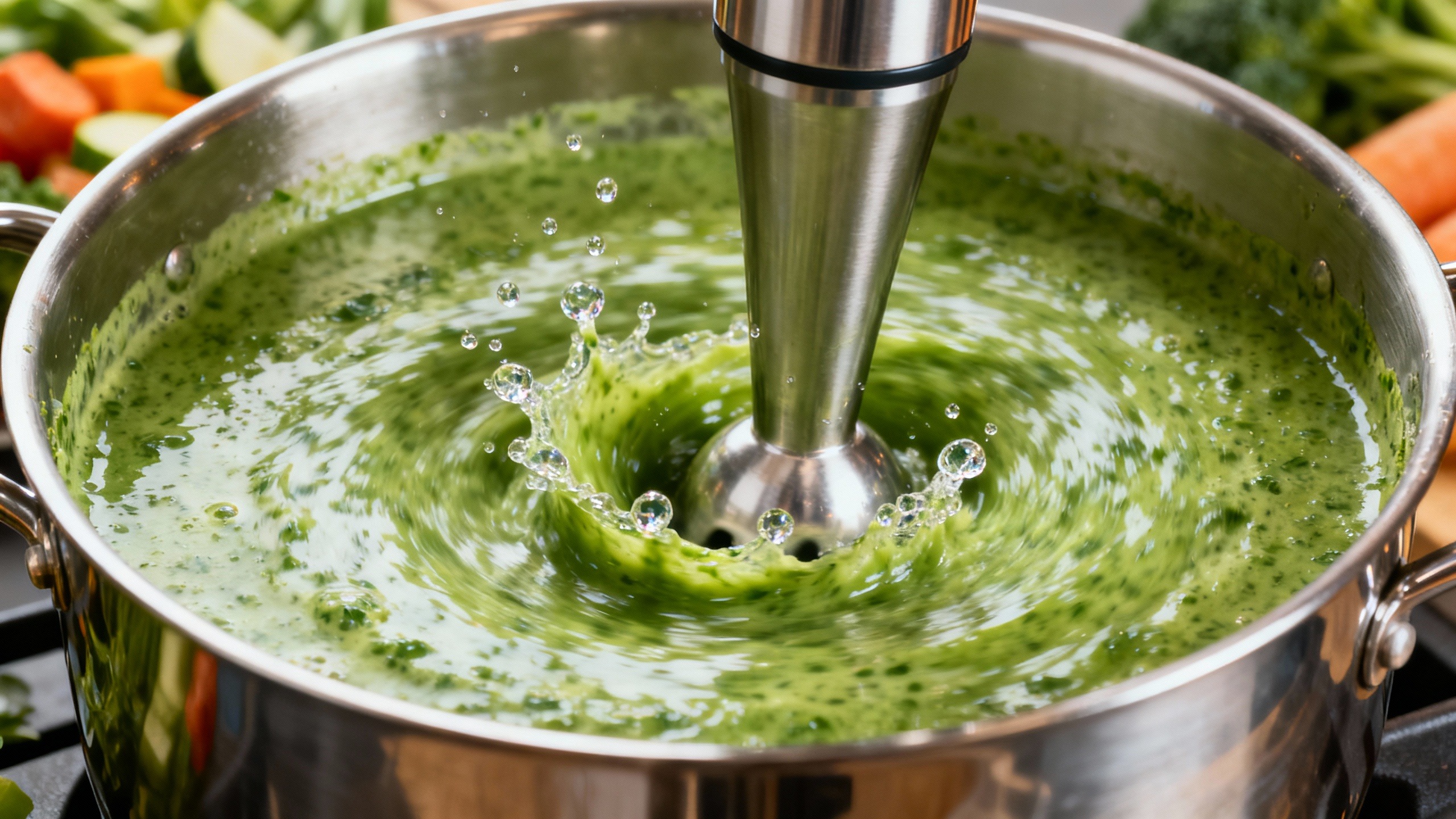 Mixer de mão processando vegetais cozidos em uma panela, transformando-os em uma sopa diurética para perder barriga, demonstrando o passo da cremosidade