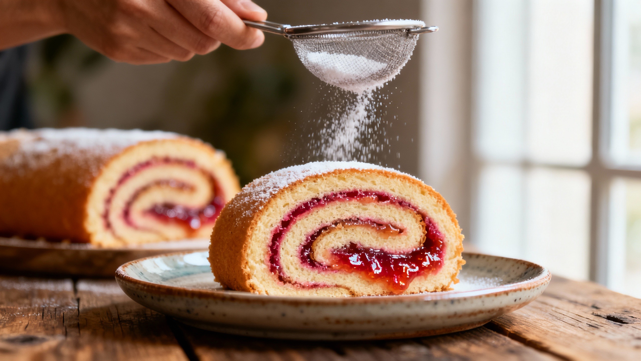 Close-up de uma fatia de bolo de rolo mostrando camadas finíssimas, ilustrando o sucesso da receita de bolo de rolo que não quebra ao enrolar