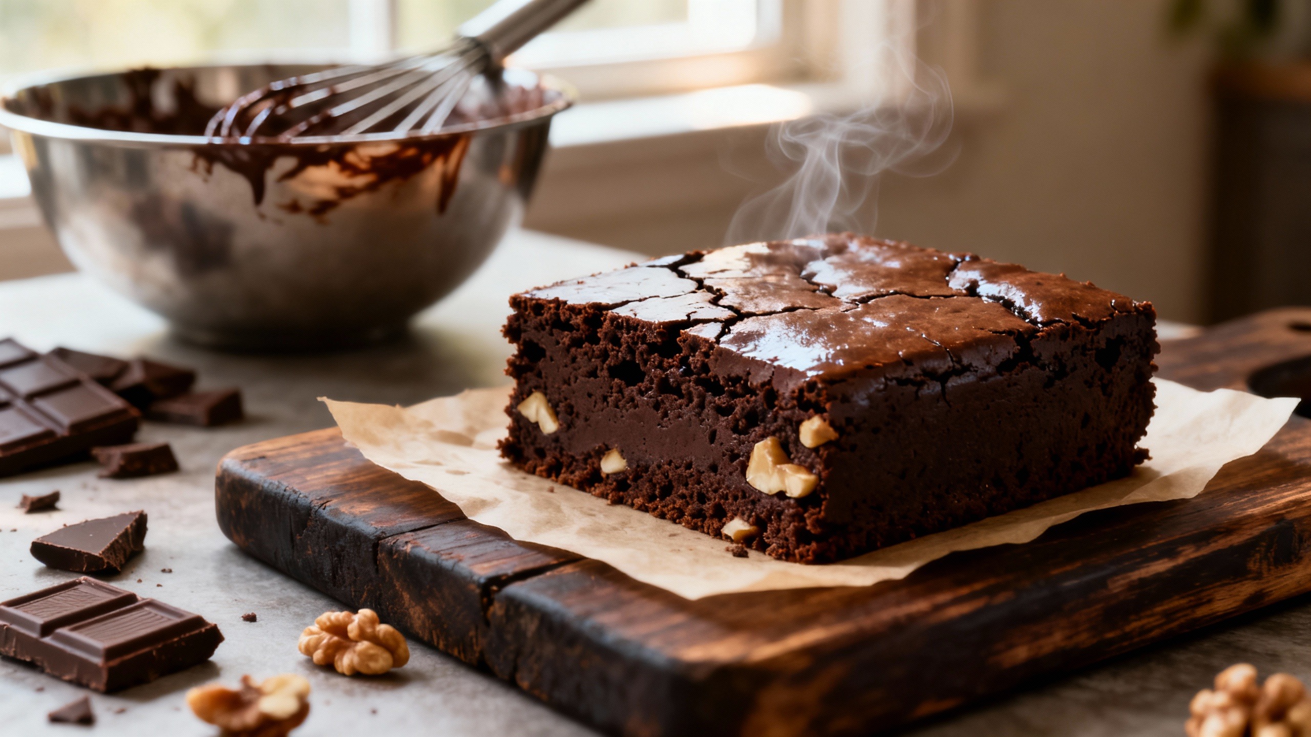 Pedaço de brownie fudgy recém-cortado em tábua rústica, revelando a textura interna úmida e ilustrando a receita de brownie perfeito