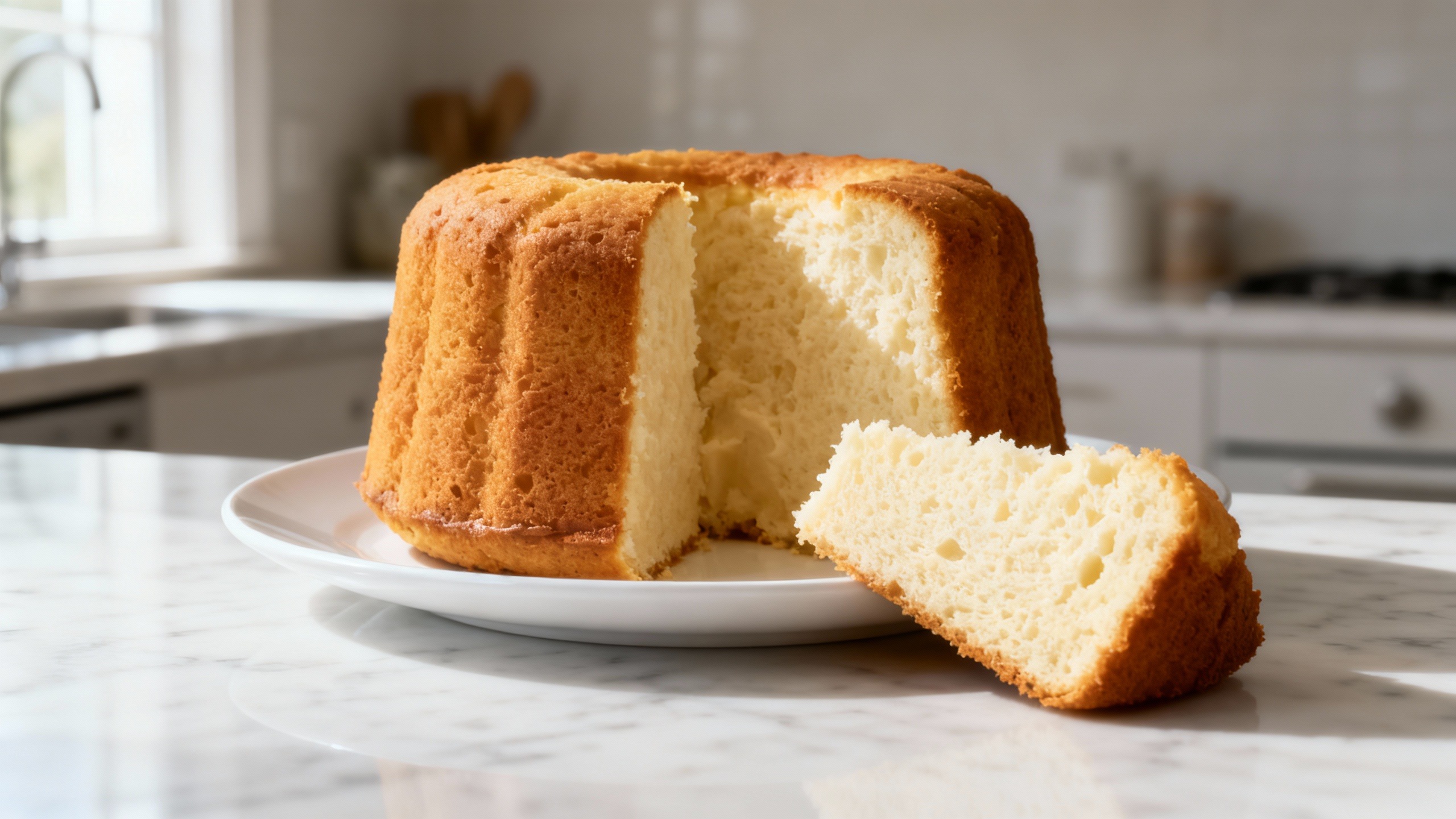 Bolo pão de ló dourado e alto, perfeitamente fatiado para revelar sua textura interna aerada, ilustrando o sucesso da receita de pão de ló fofinho que não sola.