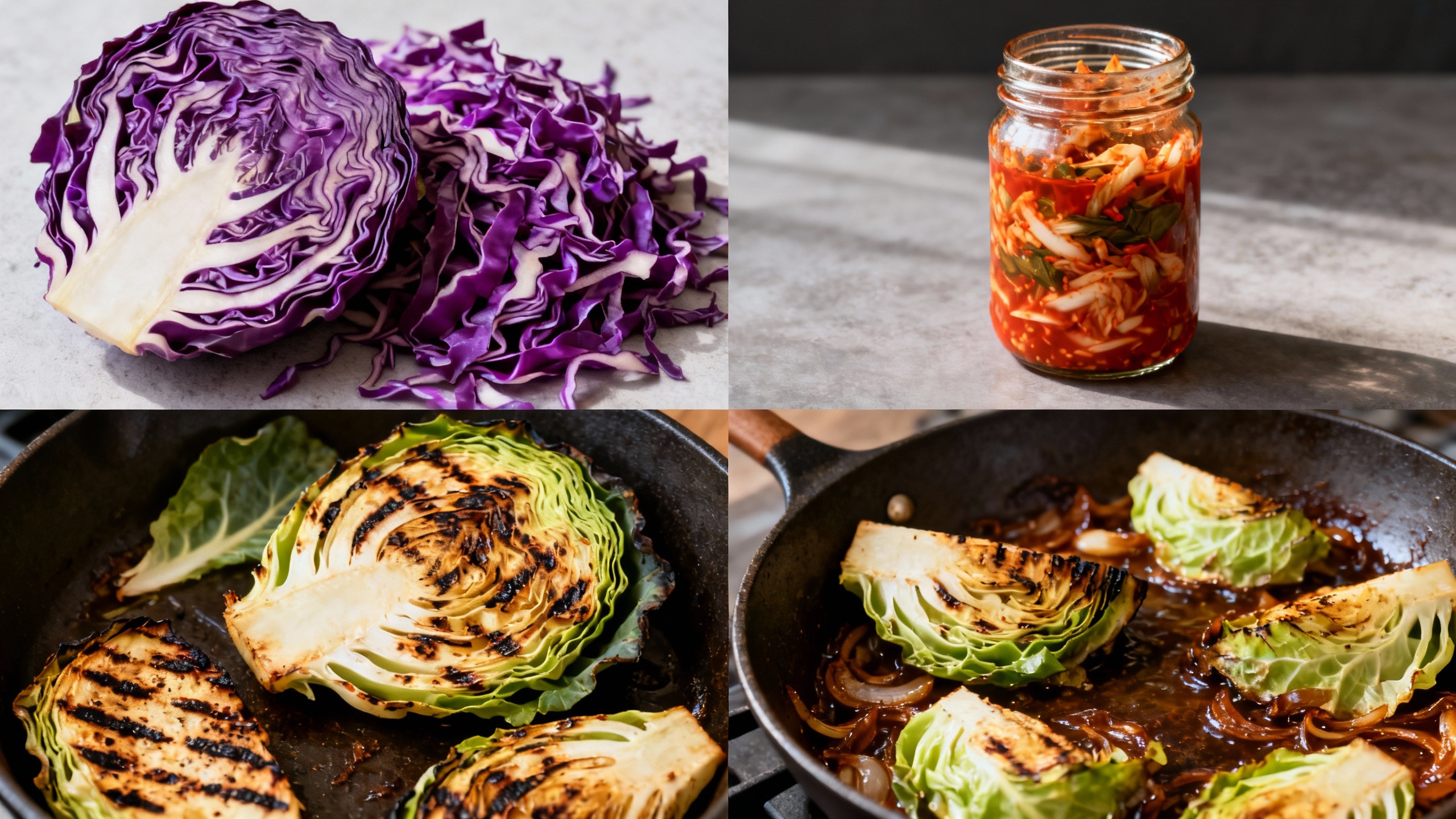 Composição de técnicas avançadas para preparo de repolho: grelhado, fermentado, caramelizado e cru para um cardápio inovador.