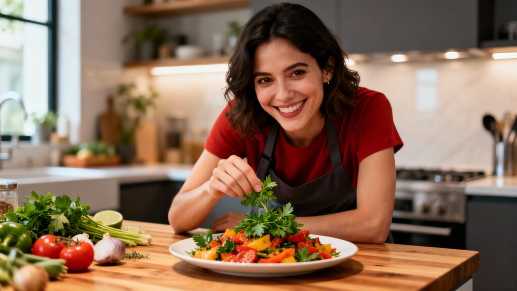 Mulher confiante cozinhando em cozinha organizada, demonstrando o domínio de técnicas básicas de culinária para iniciantes