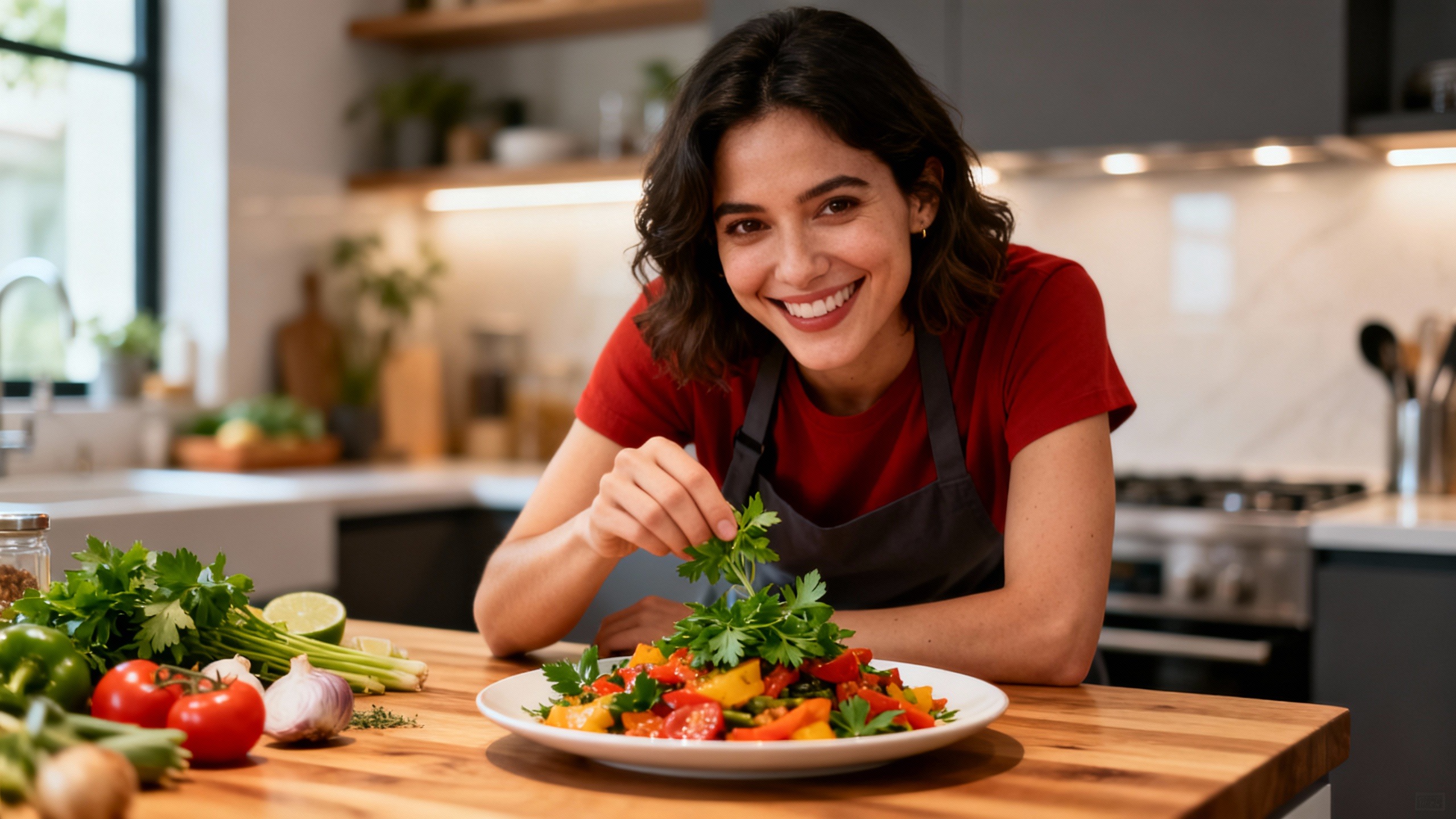Mulher confiante cozinhando em cozinha organizada, demonstrando o domínio de técnicas básicas de culinária para iniciantes