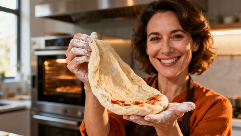 Mulher moldando massa de pizza caseira com as mãos em cozinha moderna, demonstrando técnica profissional de preparo de pizza