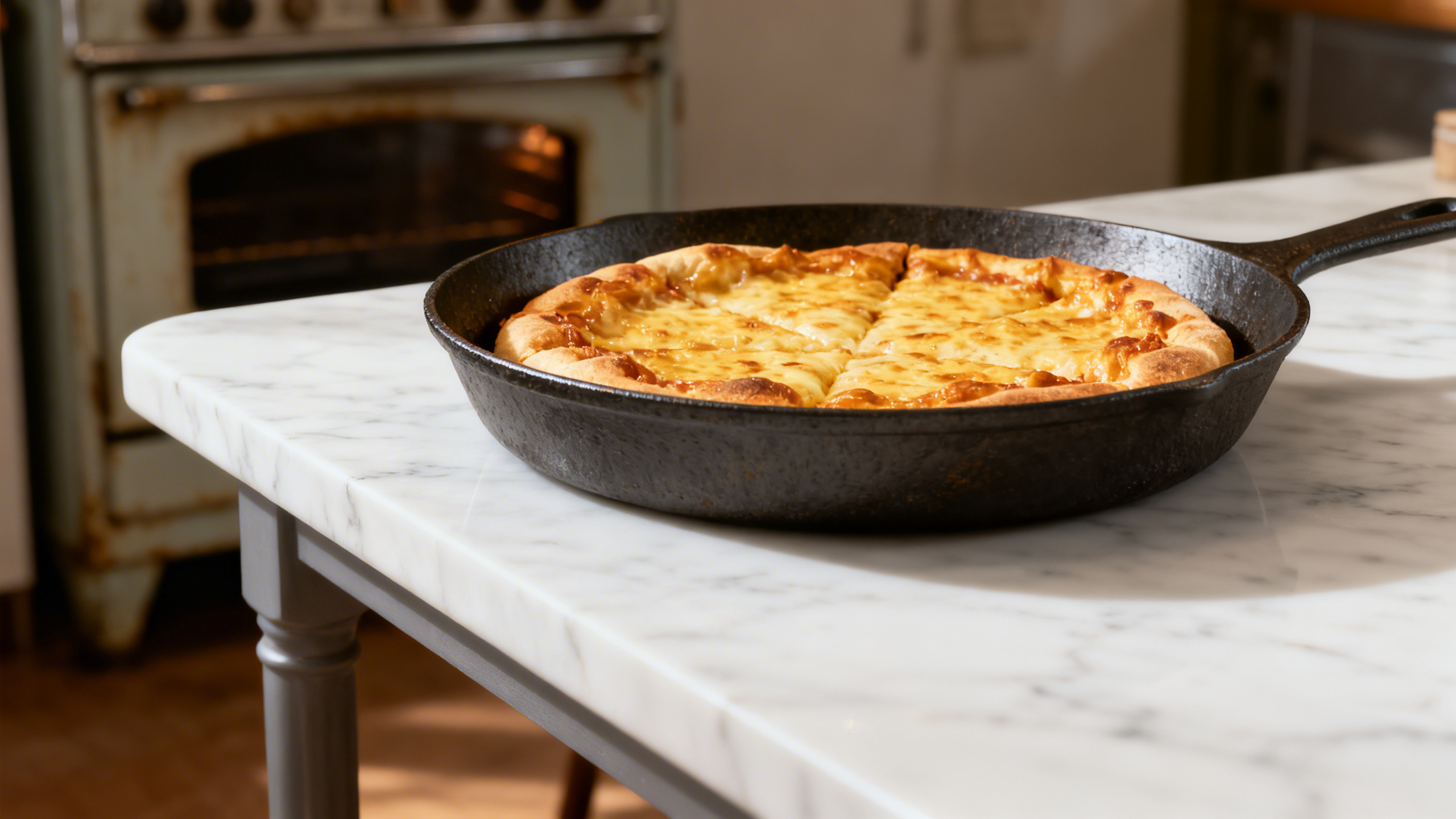 Frigideira de ferro fundido com pizza caseira dourada e crocante, técnica que maximiza calor para resultado profissional em forno doméstico