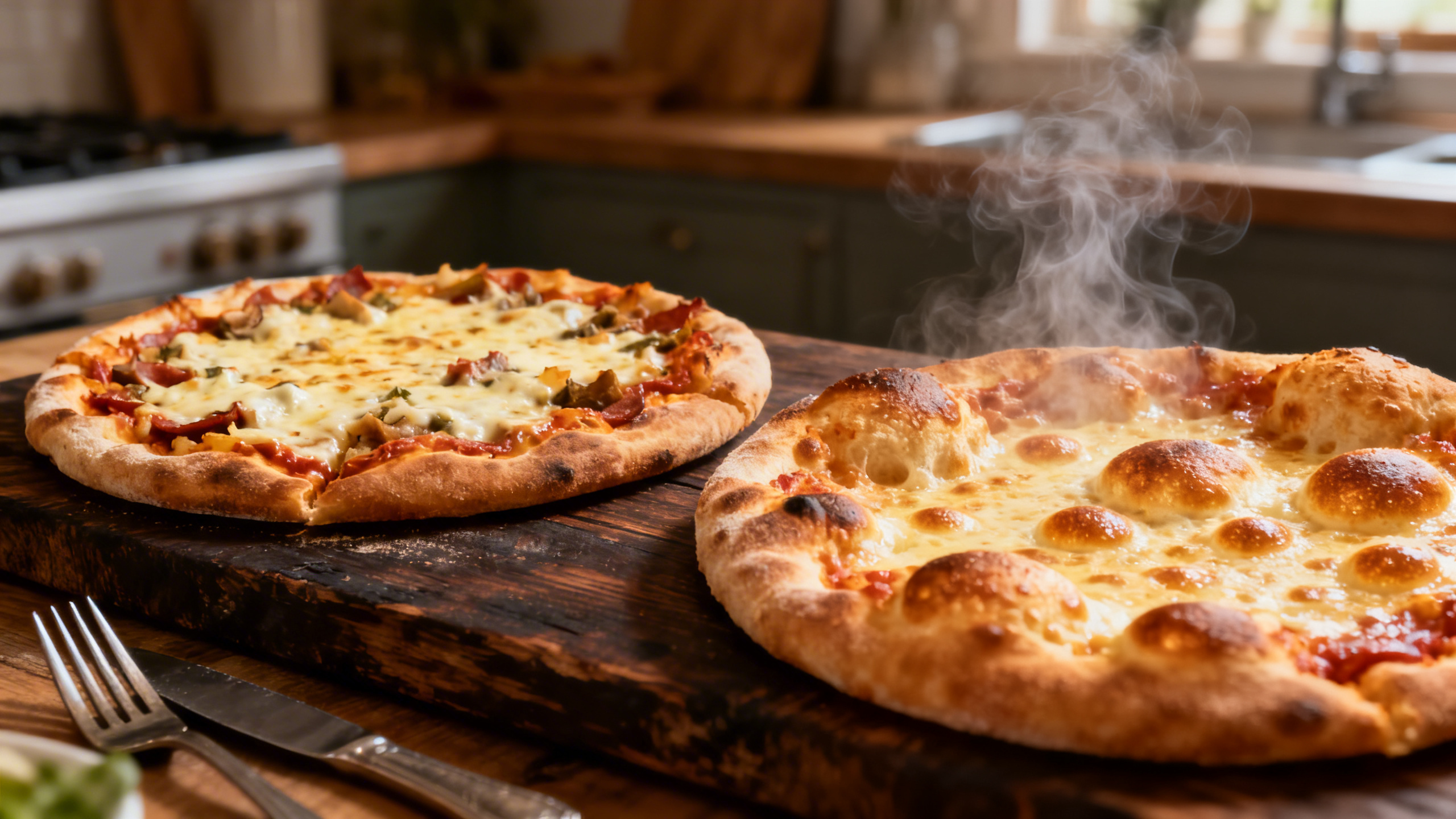 Duas pizzas caseiras finalizadas com crosta crocante e queijo derretido, resultado profissional obtido com técnicas de forno caseiro otimizado