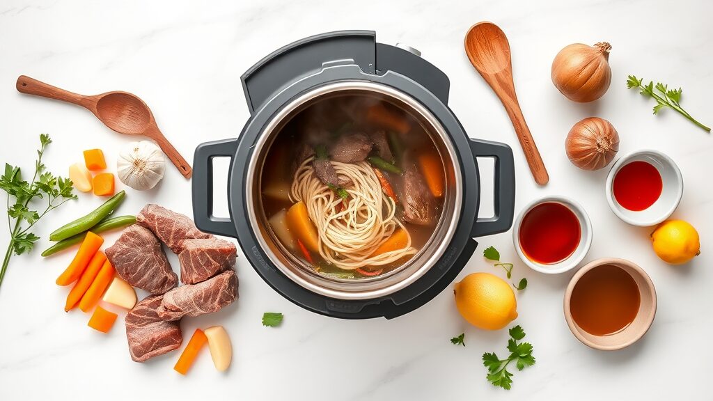 Panela de pressão aberta com sopa de carne com legumes e macarrão pronta, ingredientes frescos ao redor em flat lay