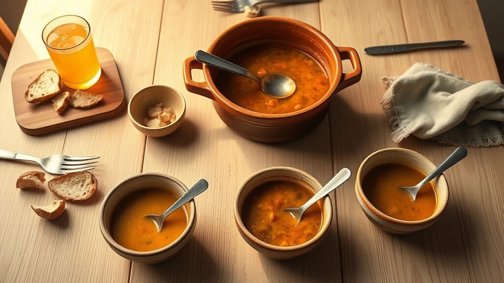 Mesa familiar com tigelas de sopa caseira de legumes e carne servidas entre adultos e criança, tradição afetiva brasileira