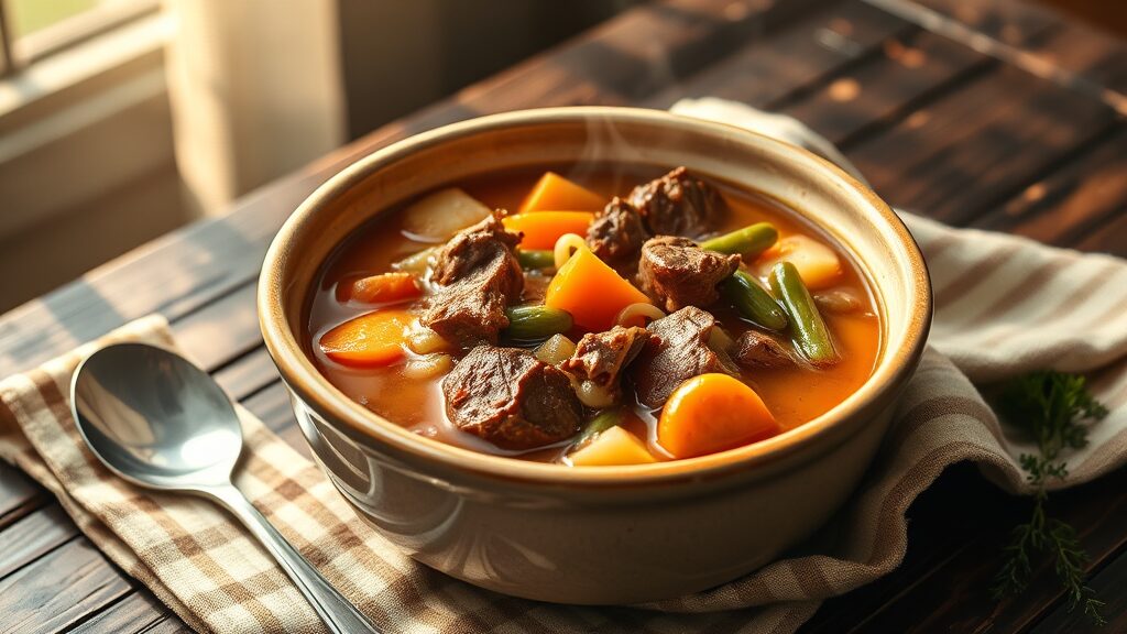 Sopa de carne com legumes e macarrão servida em cerâmica rústica com vapor, representando receita caseira reconfortante e fácil