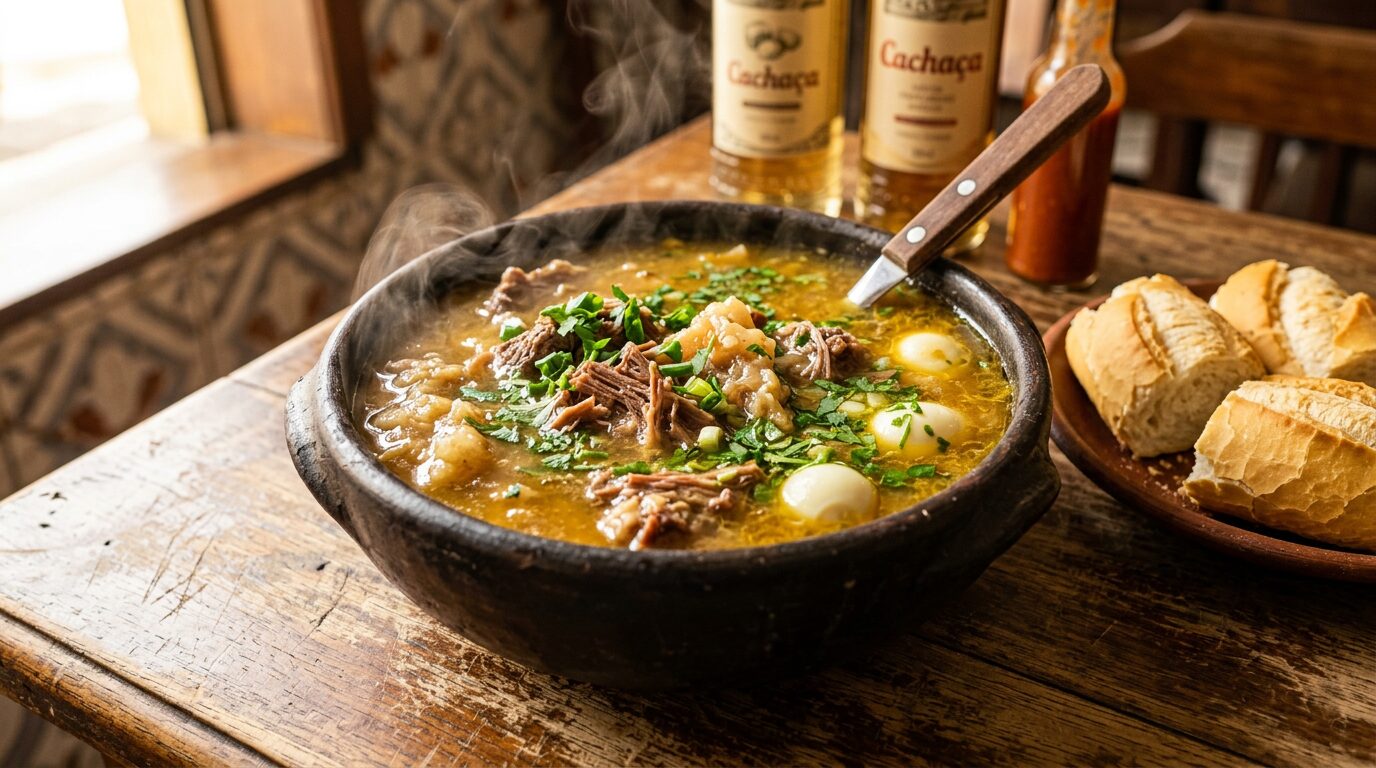 Caldo de mocotó de boteco cremoso em cumbuca de barro com ovos de codorna, cheiro-verde picado e pão francês crocante ao lado.