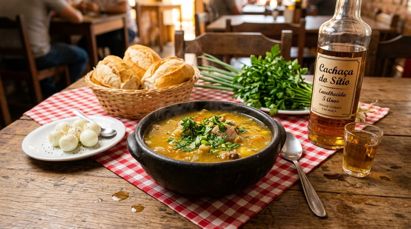 Caldo de mocotó de boteco servido em cumbuca de barro com cachaça artesanal, ovos de codorna e pão francês na mesa.