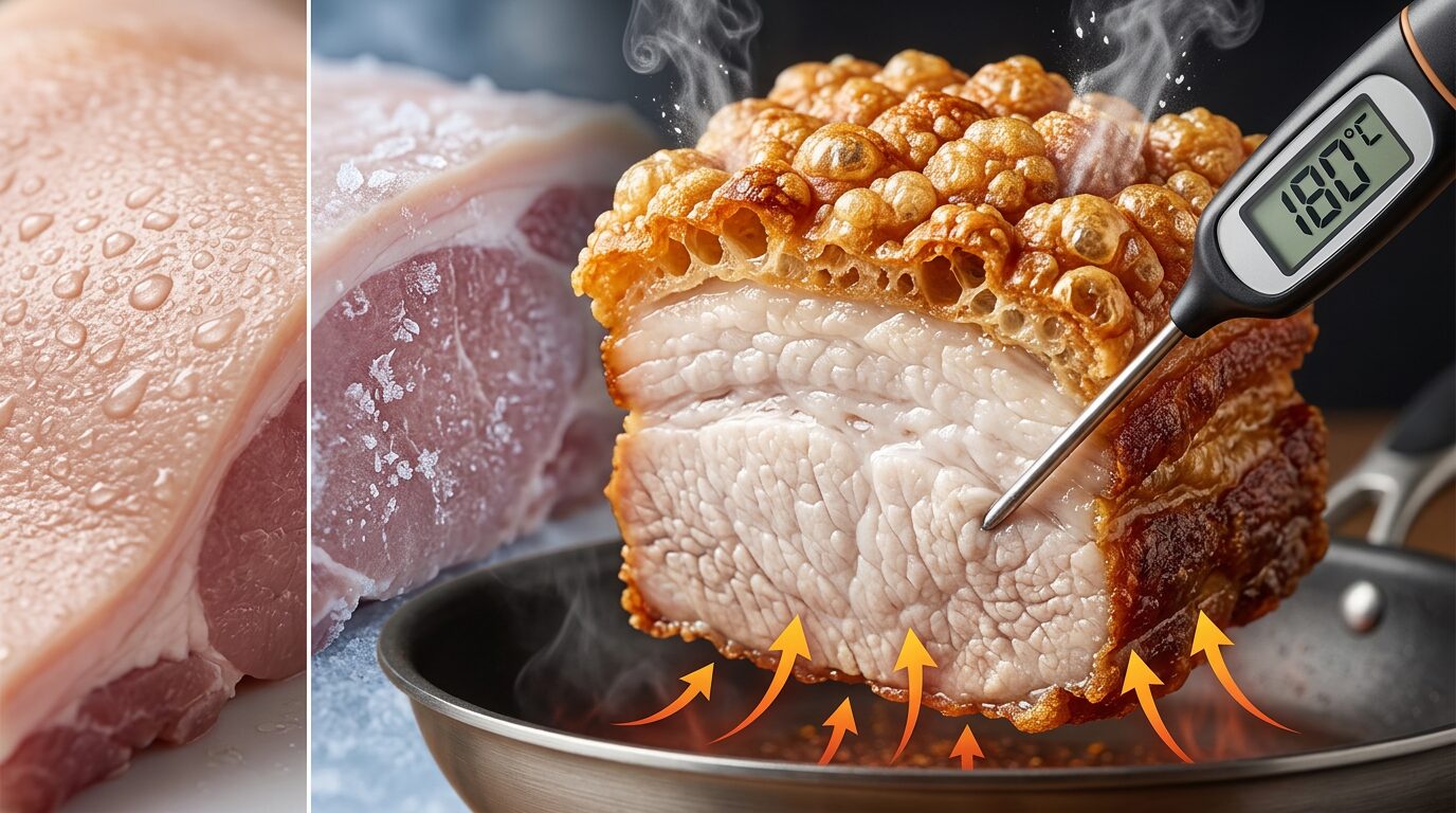 corte transversal de torresmo pururuca revelando pele crocante e carne suculenta com termômetro ilustrando ciência do choque térmico