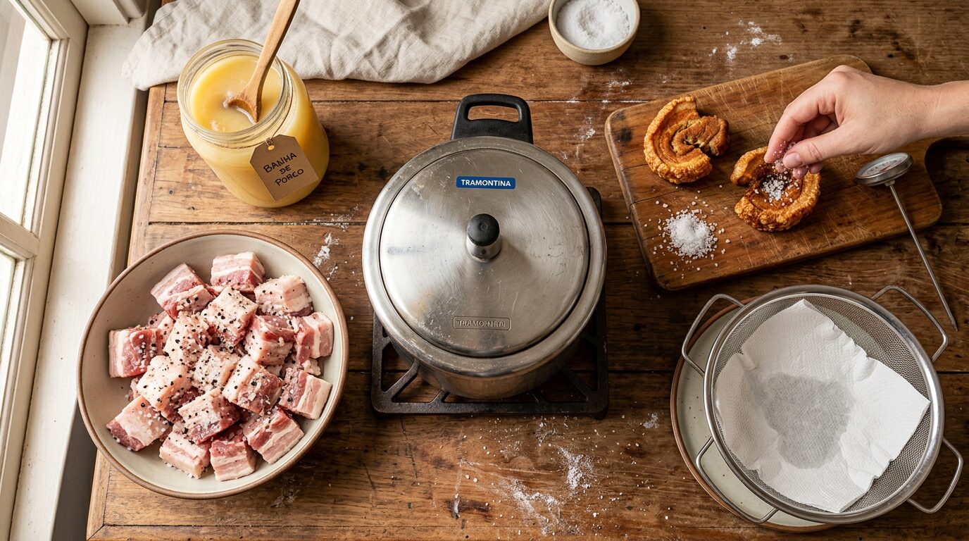 ingredientes e utensílios para fazer torresmo pururuca na panela de pressão incluindo panceta temperada e gordura para fritura