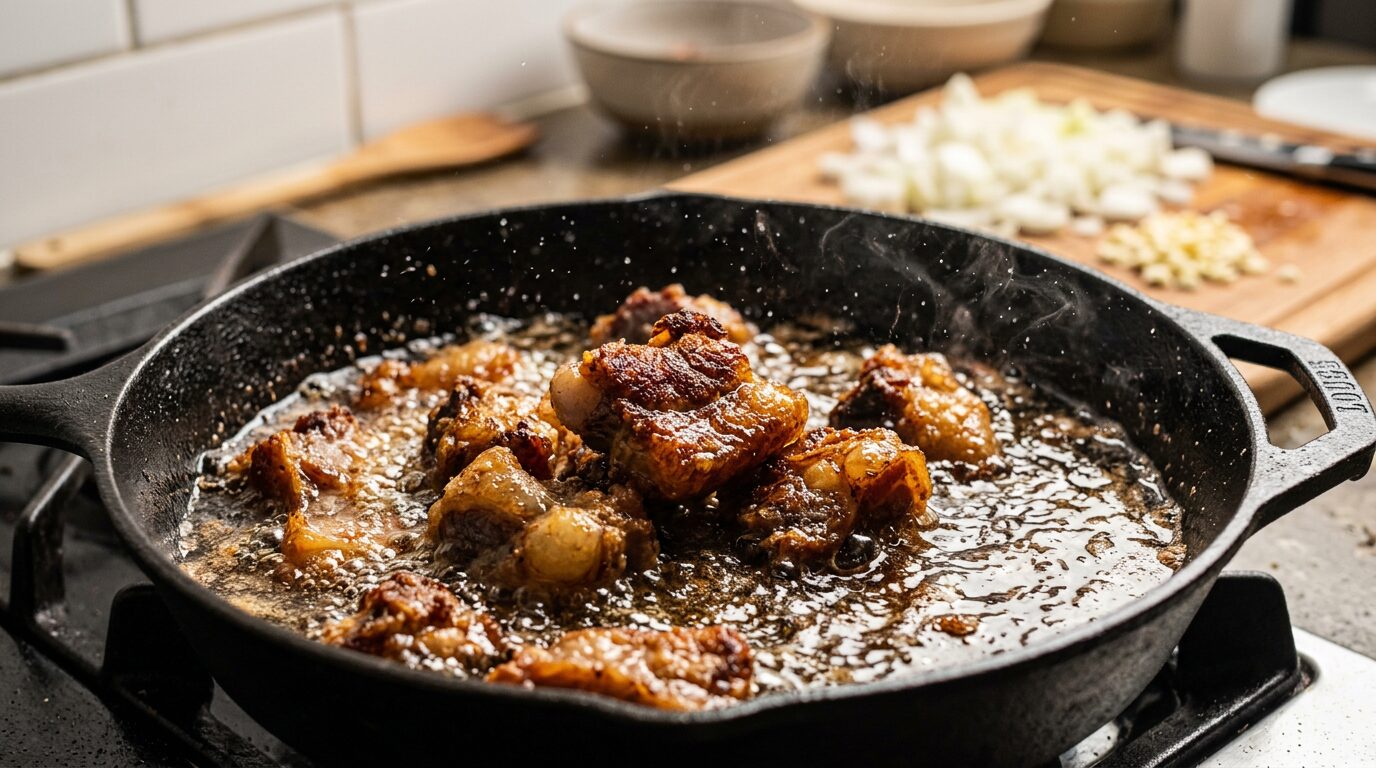 Pedaços de mocotó dourados sendo fritos em panela de ferro com banha de porco para fazer caldo de mocotó de boteco.