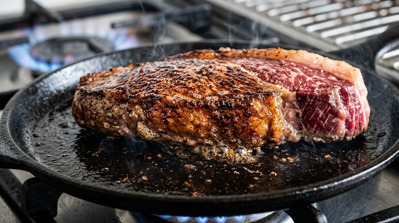 Bife de picanha sendo selado na chapa de ferro com crosta dourada formando pela reação de Maillard