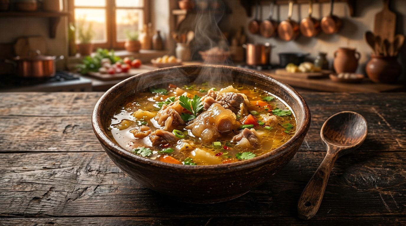 Prato rústico com caldo dourado e suculento, mostrando como tirar o gosto amargo do caldo de mocotó se passar do ponto no cozimento.