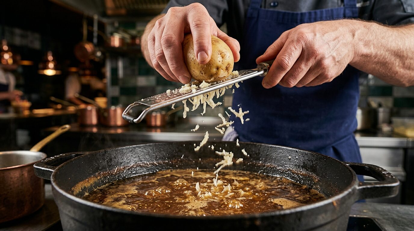Mãos de chef ralando batata crua em panela de ferro para corrigir sabor caldo carne e neutralizar a adstringência.
