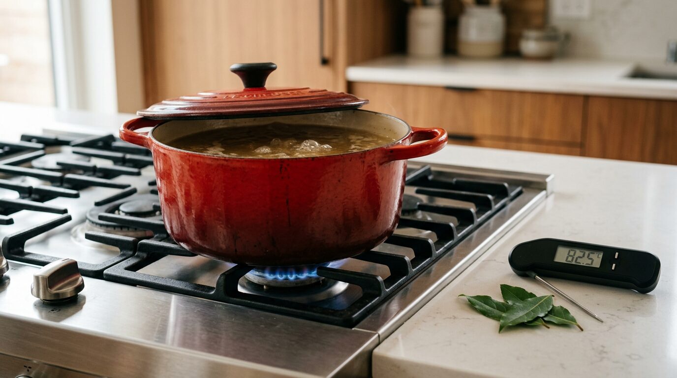 Panela de ferro em fogo brando no fogão industrial demonstrando técnicas de cocção lenta para evitar amargor no caldo.